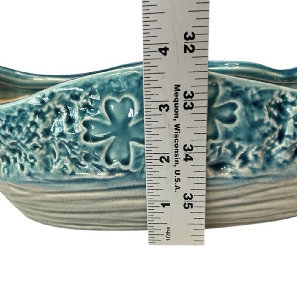 Vintage Ceramic Planter Blue & Gray Embossed Floral Clover Abstract Oval Glazed - Picture 7 of 9